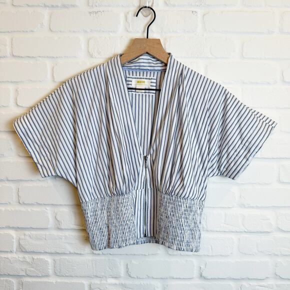 Anthropologie Maeve Tommie short sleeve zip front blouse smocked Striped Small - Picture 1 of 9